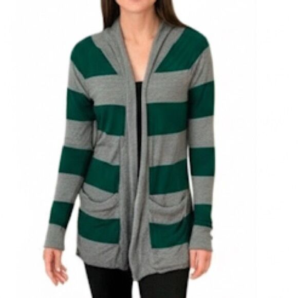 Gap Green & Grey Striped Draped Open Front Long Duster Cardigan Size Small - Picture 1 of 6